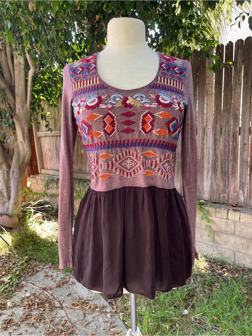 Johnny Was long sleeve floral Aztec Peplum blouse boho bohemian festival fall S